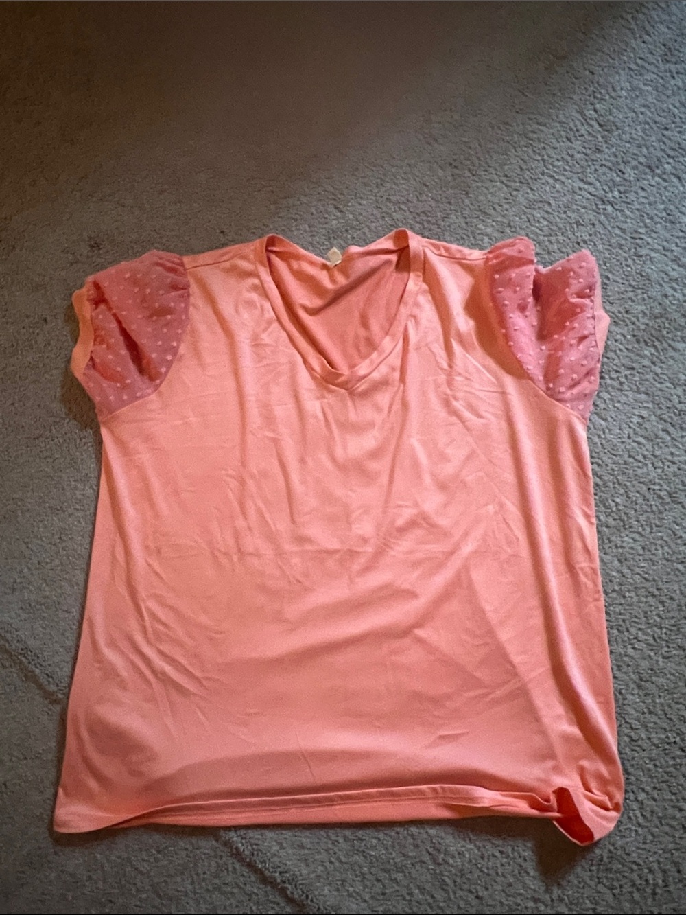 Pink Short-Sleeve V-Neck Top with Sheer Dot Sleeves